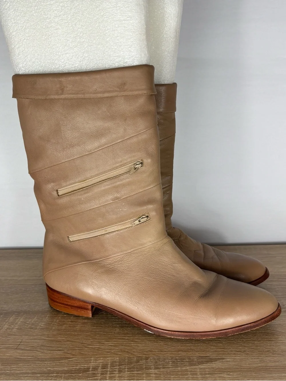 Vintage Jean Pier Clemente Leather Mid Calf Boots Mens 12D Beige Double Zip